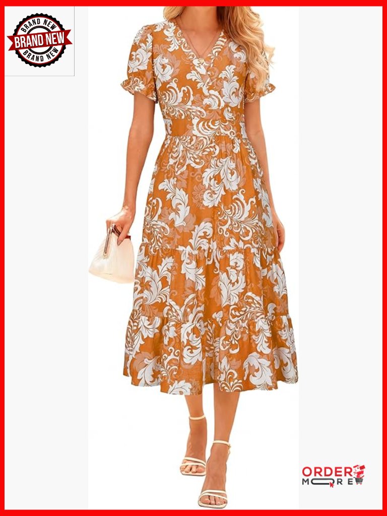 Midi Dress V-Neck Puffy Sleeve Flowy With Pockets For Women